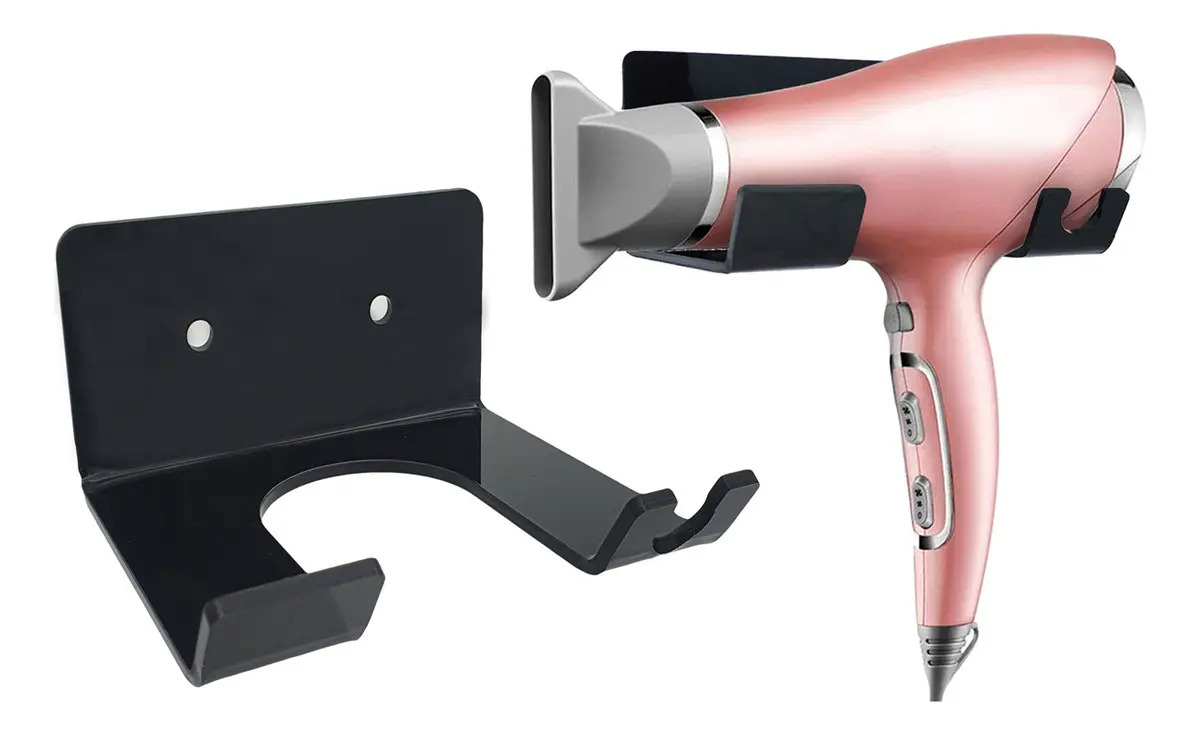 Suporte Secador Cabelo DecorRioPreto Parede Acrílico Preto Organizador
