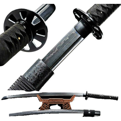 Katana Samurai Japones Personalizada Acero Damasco Negro V2