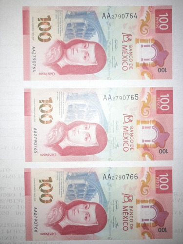 Billetes $100 Pesos Serie Aa 2020 64, 65 Y 66