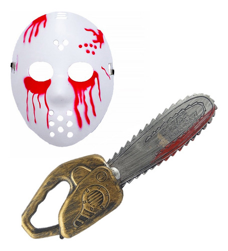 Set Máscara Jason Sangre Motosierrra Cotillón Activarte Color Blanco Hockey