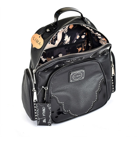 Imagen 3 de 6 de Mochila Cuero Sintetico Mujer Tachas Negra Bolsillos Lima