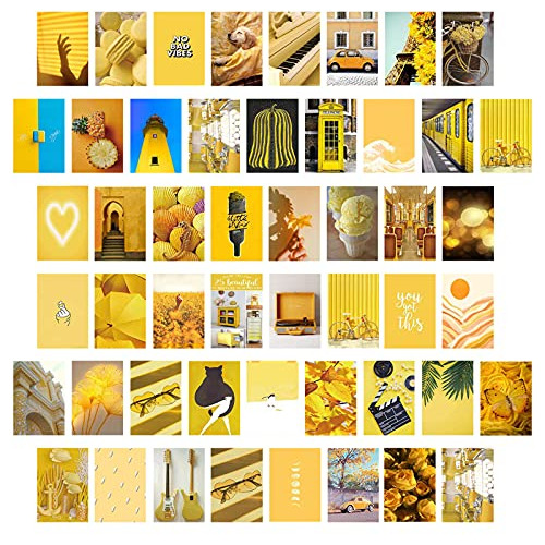 Juego De 50 Fotos Estéticas Amarillas Pared, Collage D...