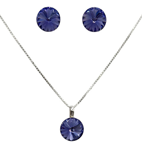 Conjunto Collar Aros Punto Luz Cristal Morado Plata Ley 925 