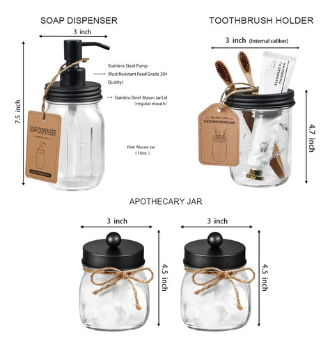 Mason Jar - Juego De 4 Accesorios De Baño, Dispensador De Ja