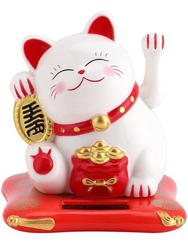Lucky and Fortune Cat Maneki Neko, energía solar decorativa, color blanco y rojo