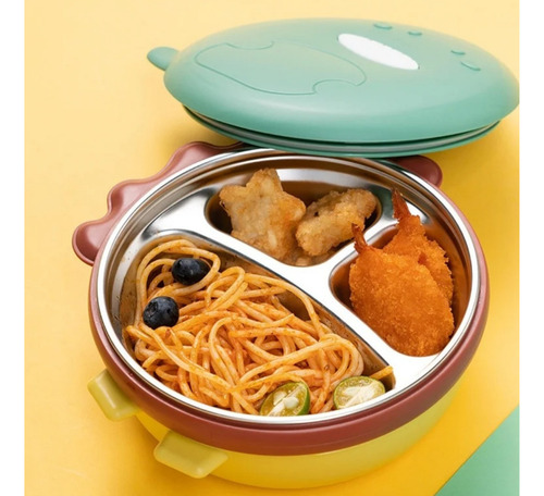 Plato Infantil Bebé Con Sopapa Y Tapa Térmico Antideslizante Rosa Dino
