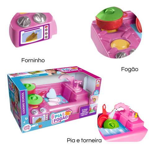 Cozinha Infantil Brinquedo C/ Panelinhas Fogão Pia Sai Água Cor Rosa
