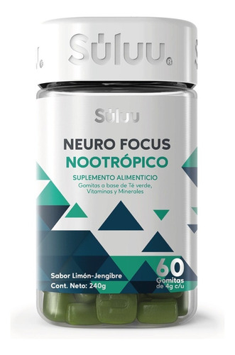 Súluu Neuro Focus Nootrópico | Gomitas, Desarrollo Cognitivo, Claridad Mental y Memoria | 60 Gomitas | Sabor Limón-Jengibre | Vitamina E, Vitamina B12, Ácido Fólico, Hierro, Colina y Cafeína Natural