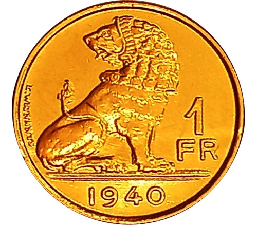 Bélgica Moneda De 1 Franc Del Año 1940 Con Baño Oro 24k