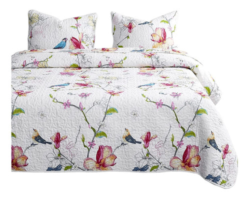   Floral Quilt Set, Botanical Flowers And Birds Pattern...