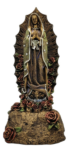 Virgen De Guadalupe Base Piedra Con Rosas Dorada 36cm