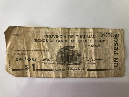 Numismatica : Billete De 1 Peso Bono De Tucuman