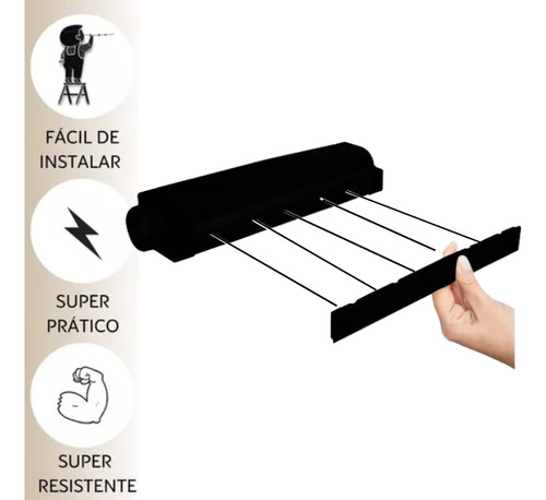 Varal Retratil Parede Automatico Com 5 Cordas Preto Secalux