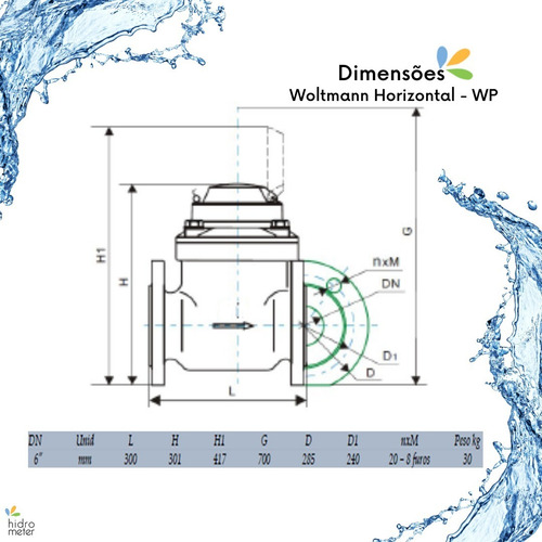 Hidrômetro Woltmann Horizontal 6pol. Dn150 + Sensor + Certif