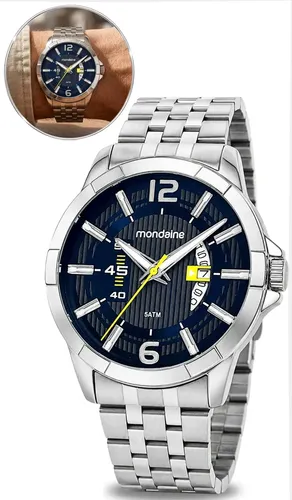 Relógio Mondaine Masculino Prata Analógico Aco Inoxidável Fundo Azul Calendário Casual Elegante Sofisticado Prova Dágua Original