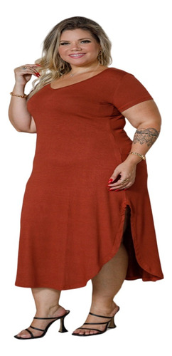 Vestido Longo Plus Size Com Fenda Lateral Manga Curta Mazal 