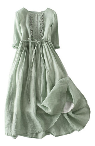 Vestido Vintage De Mujer Algodón Y Lino Con Cuello Redondo