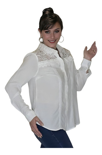 Camisa Importada Blanco Cuello Hombros Bordado Crochet