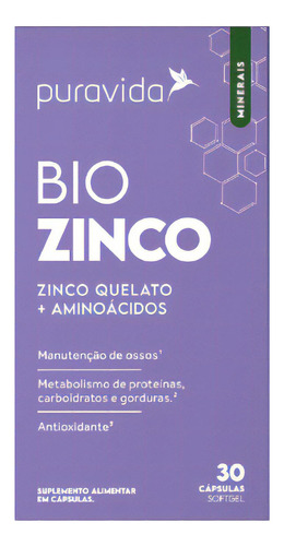 Bio Zinco Pura Vida - Zinco Quelado + Aminoácidos - 30 Caps Sabor Sem Sabor