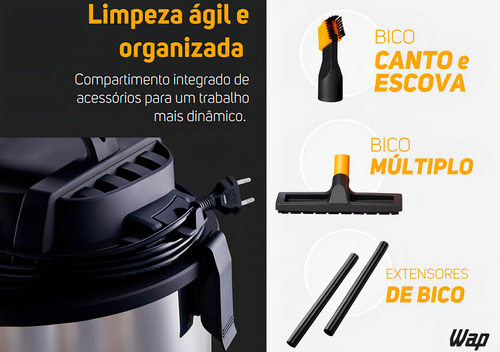 Aspirador De Pó E Água Wap Gtw Inox 20 1600w Com Bico Extrator 127v
