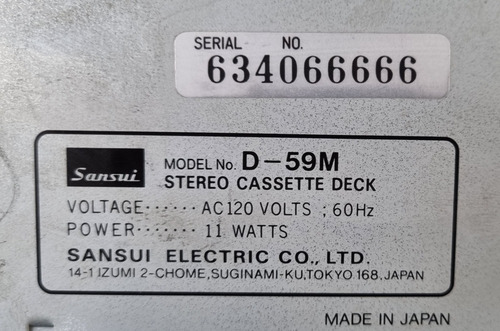 Sansui Deck D-59 M Stereo Cassette Deck Japones (Usado)