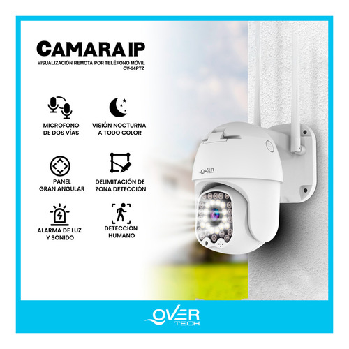Camara De Seguridad Overtech Wifi Ov-64ptz 4mp Wifi Domo Inteligente IP, Visión nocturna infrarroja color, Detección y alerta de movimiento, Función PTZ, Alarma de luz y sonora por emergencias