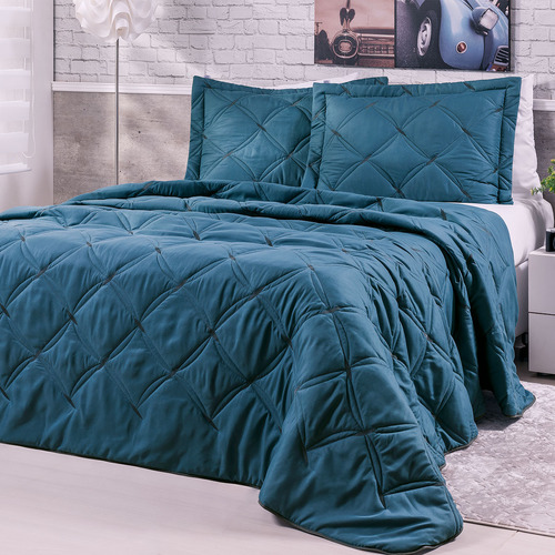 Kit Cobre Leito Cama Casal Queen Percal 200fios Azul Bordado