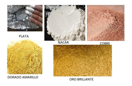 Imagen 9 de 10 de 4 Polvos Metalicos Y Ncarados Purpurina Oro , Plata , Cobre Y Nacar 50 Gm De C/u