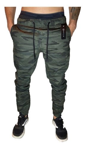 Imagem 1 de 7 de Calças Jeans Camuflada Masculina Jogger Com Punho Elastico
