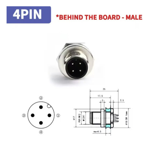 Conector Sensores M12 4 Polos Macho Para Tablero Plateado