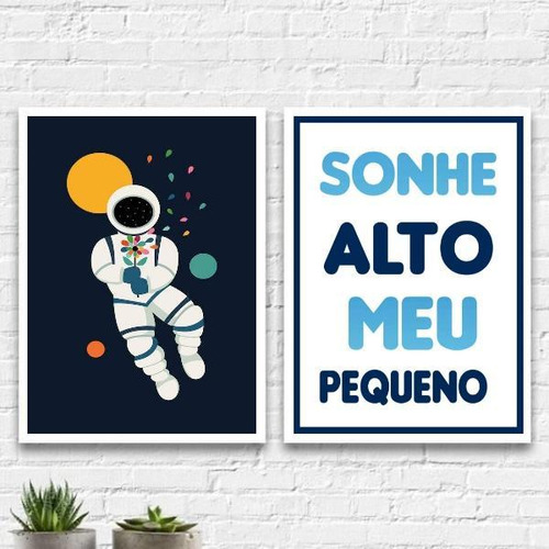 Kit 2 Quadros Quarto Criança Astronauta 45x34cm - Com Vidro