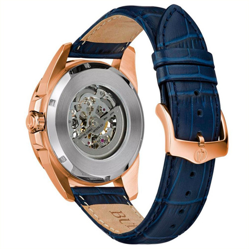 Reloj Bulova Sutton Original Automatic Piel Azul Para Hombre Correa Azul marino Bisel PVD Oro Rosa Fondo Gris/Azul