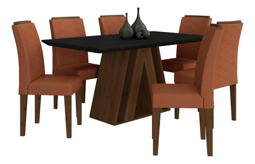 Mesa De Jantar 6 Cadeiras 1,60 Ravena Imbui/prt/terrac - M.a Cor Imbuia/preto/suede Terracota