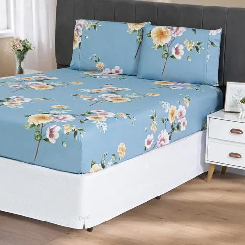 Jogo De Lençol Queen Micropercal 400 Fios Sofisticado 3pç Jardim Azul Estampado