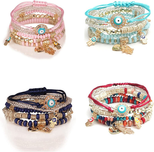 Paquete De 4 Pulseras De Ojo Malvado De Cristal Bohemio Jueg