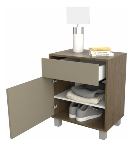 Mesa De Luz 1 Cajón 1 Puerta Melamina X 2 Unidades Mate Nogal Con Gris
