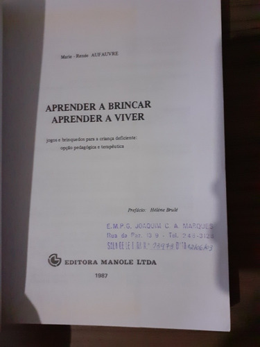 Livro Aprender A Brincar Aprender A Viver Aufauvre S7 (Usado)