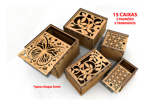 Vetor 15 Caixas 3 Padrões 5 Tamanhos 3mm Corte Laser Cnc Mdf