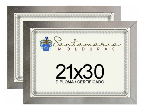 Kit 2 Molduras Porta Diploma Certificado A4 21x30 Prateado Liso