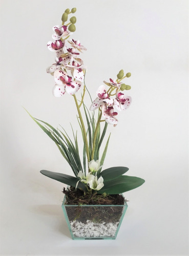 Arranjo Orquídeas Artificiais Silicone Vaso Vidro Com Pedras | Parcelamento  sem juros