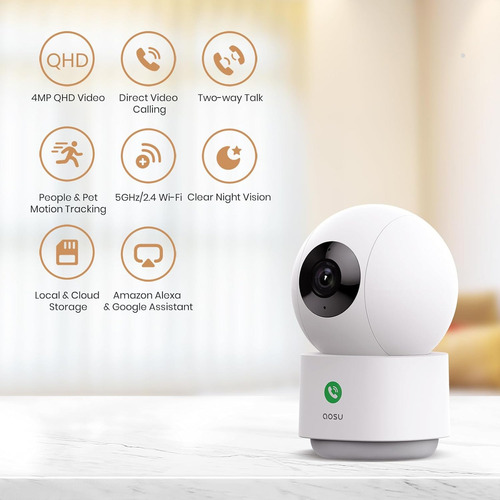Cámara de seguridad interiores para seguridad hogar Cámara De Vigilancia Wi-Fi 4MP Detección de movimiento y notificaciones y Sonido Audio bidireccional compatible con Google y Alexa AOSU