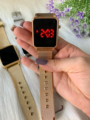 Relogio Quadrado Unissex De Led Pulseira Cromada Lisa Luxo