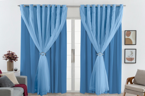 Cortina Quarto Blackout Blecaute Pvc Com Voil 280 X 180 Cor Azul