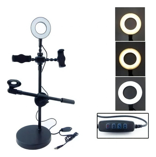 Aro Luz Led 16cm Doble Soporte Microfono Selfie Kit Youtuber Color Negro