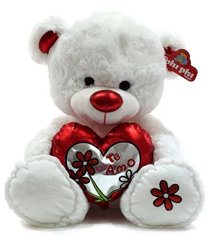 Peluche Oso Blanco Sentado Con Corazon Metalizado 42cm