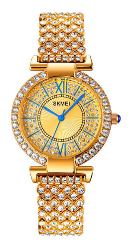 Relógio feminino clássico minimalista e elegante Skmei 1956, cor de malha dourada