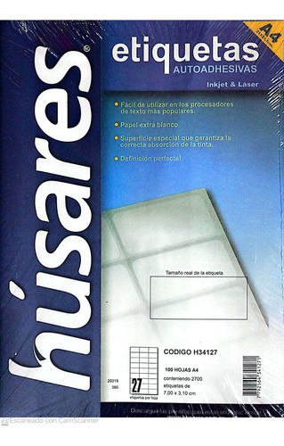 Etiquetas Autoadhesivas Husares H34127 A4 7,00 X 3,10 100h Color Blanco Diseño impreso 27 x hoja