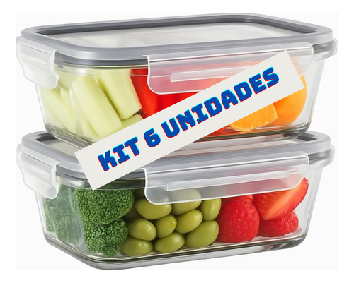 Kit 6 Marmitas Mantimentos Pote Vidro Hermético 640ml Cinza