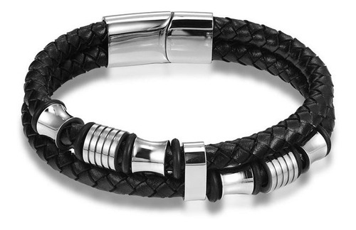 Pulsera Gruesa Doble Negra Y Plata