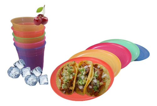 Platos Taqueros Planos + Vasos Refresqueros Tipo Oxxo Set 50